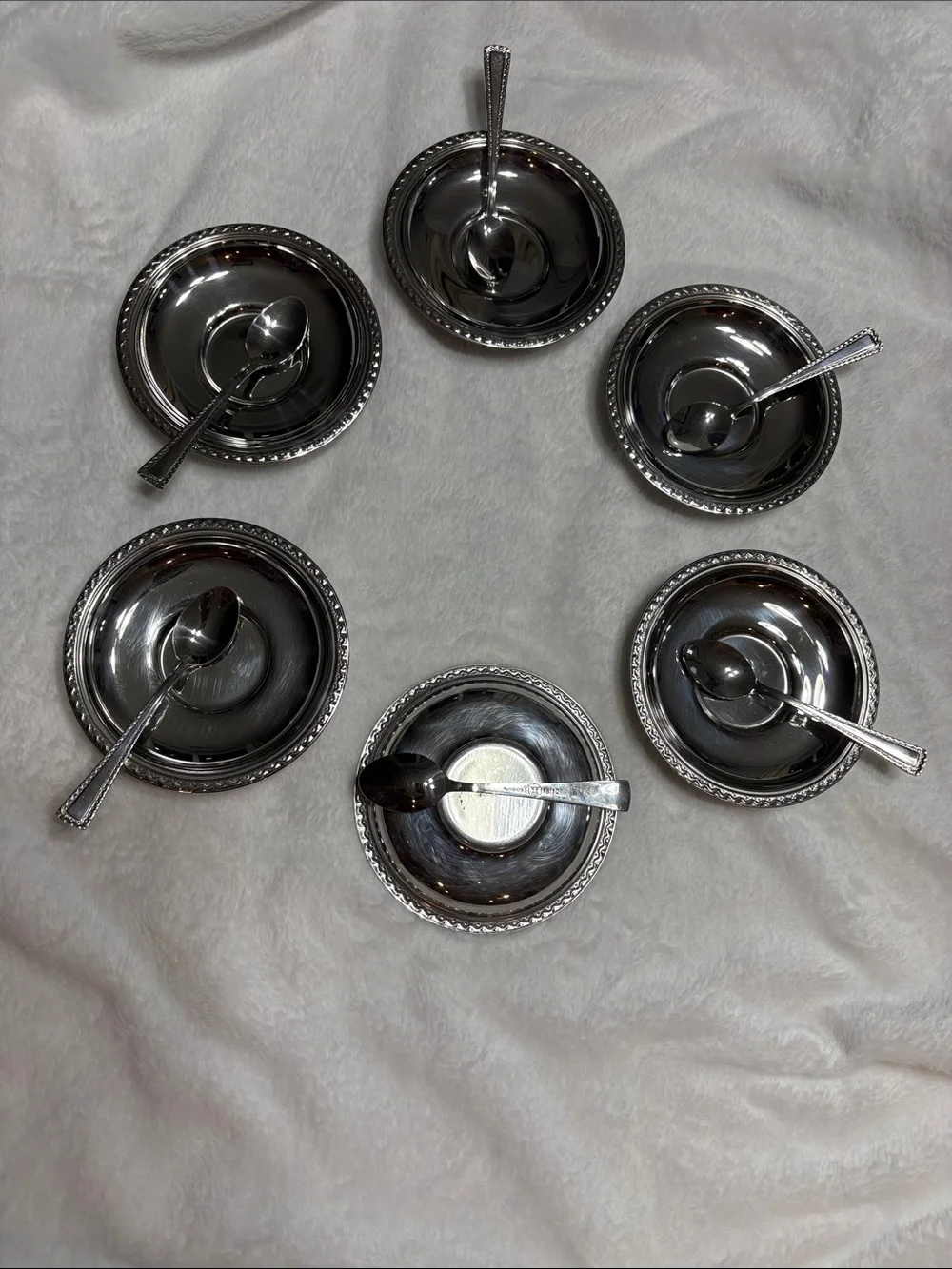 Set of Six Silver Dessert Bowls with Spoons